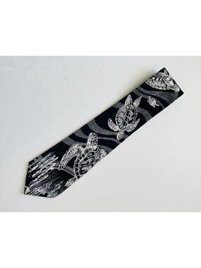 Vintage WWF SEA TURTLE Silk Crepe Tie Black White 1991 Nature Ocean Reef 4" Wide
